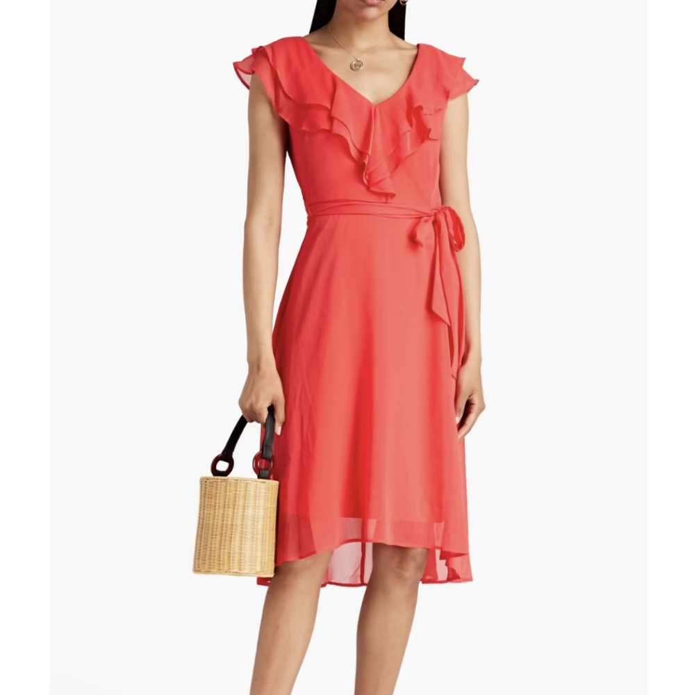 NWT DKNY Ruffled crepon dress 4 coral - Picture 1 of 6